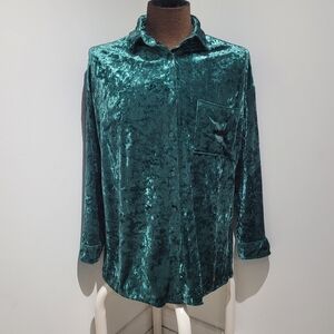 Playboy Men's Crushed Velvet Embroidered Logo Button Down Shirt Large Green